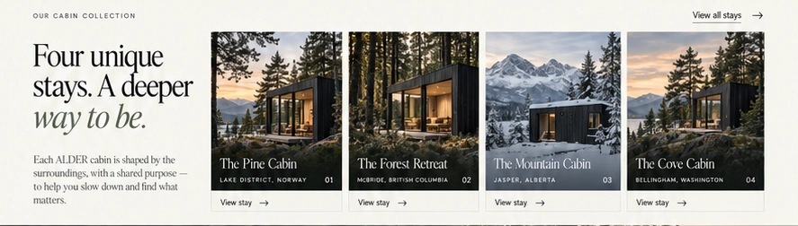 ALDER section showing four cabin cards laid out as an editorial collection.