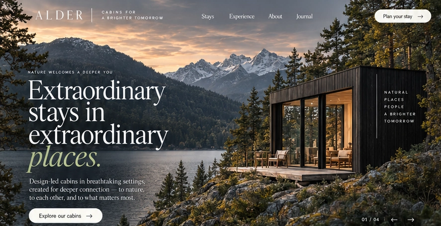 ALDER homepage hero with a large cabin image, mountain lake landscape and oversized typography.