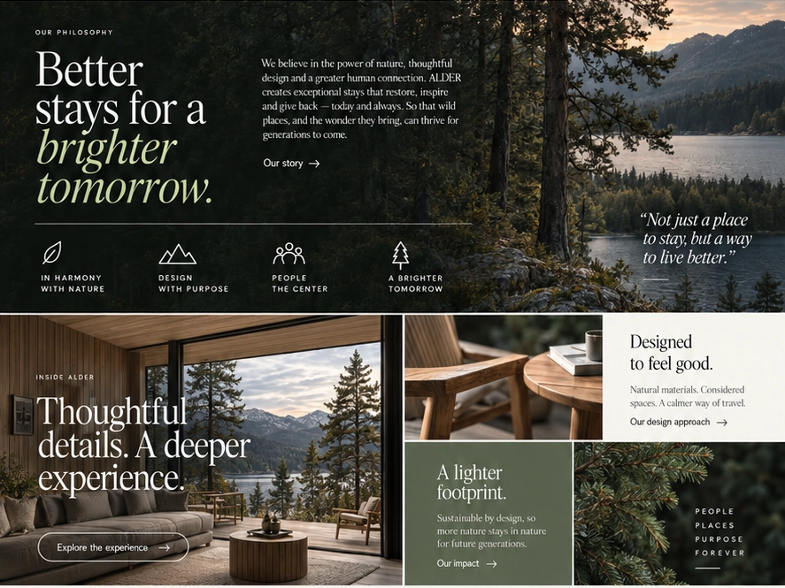 ALDER middle section combining philosophy text, imagery and atmospheric brand blocks.